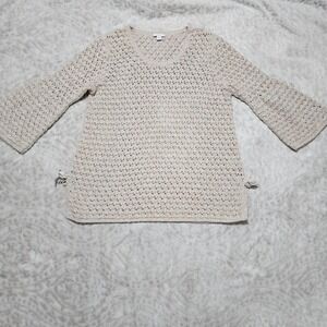 J Jill Top Women's Sz M Open Knit Crochet Tunic Boho 3/4 Bell Sleeve Granola